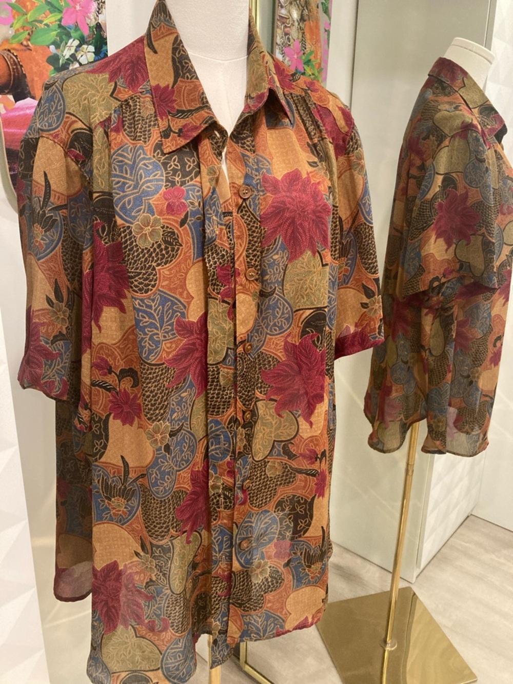 Vintage Floral Button-Down Shirt - Burgundy, Blue, Tan, Olive
